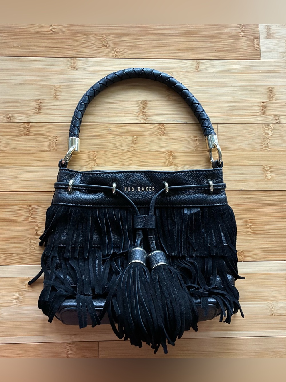 Ted Baker Black Fringe Tassel Shoulder Bag with Braided Handle